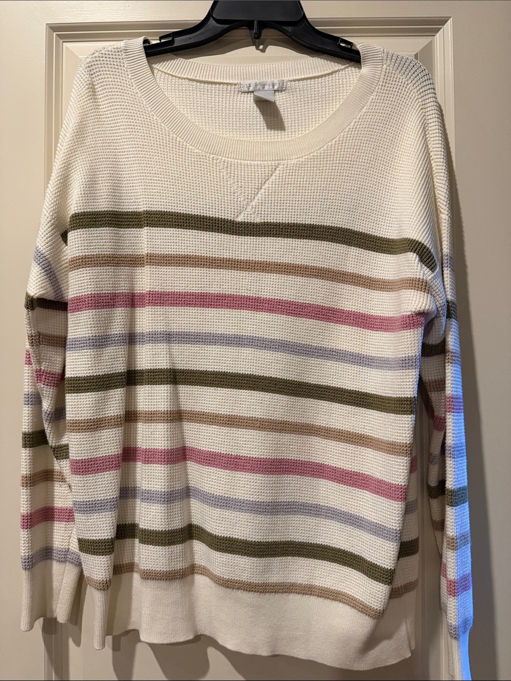 Design History Cream Striped Crewneck Sweater with Olive, Pink & Taupe Stripes